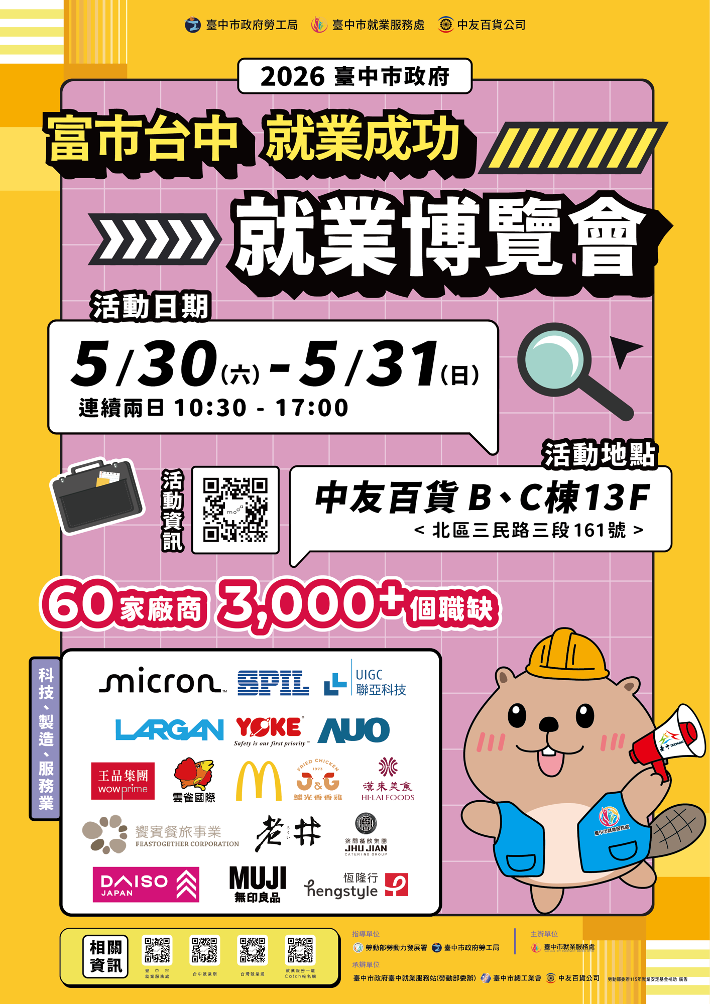 中市府挺社會新鮮人!年中最大就博會5/30 、5/31中友百貨登場 3,000職缺、薪資最高上看9萬6,000元